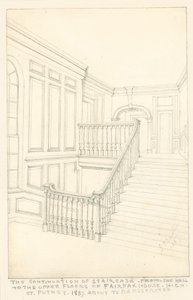 Kontynuacja klatki schodowej, od holu do wyższych pięter, Fairfax House, High Street, Putney, 1887