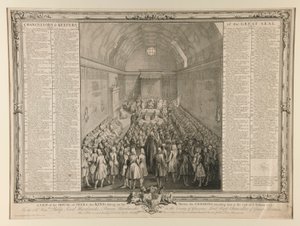Widok Izby Parów, Króla Siedzącego na Tronie, Izba Gmin towarzysząca mu pod koniec sesji 1741/2 autorstwa John Pine