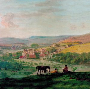 Widok z XVIII w. na Haddon Hall z wioską Bakewell w tle autorstwa John Raphael Smith