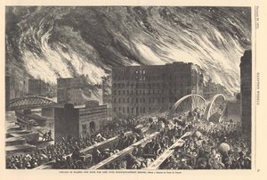 Chicago w płomieniach – pęd do życia nad mostem Randolph Street, ilustracja z Harpers Weekly, 1871 autorstwa John Reuben after Chapin