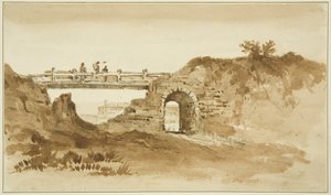 Tymczasowy most na Coronation Road naprzeciwko New Gaol, ok. 1821 (mycie ołówkiem i sepią na papierze)