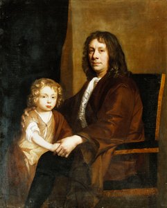 Portret Thomasa Rowe i jego syna, siedzący trzy czwarte długości, pierwszy w brązowej sukni, drugi w brązowej sukience i szaliku,