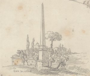 Obelisk z dachami i drzewami w oddali autorstwa John Robert Cozens