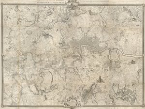 XVIII-wieczna mapa Londynu. Dokładne badanie miasta Londynu, Westminster ye Borough of Southwark i kraju w pobliżu dziesięciu mil rozpoczęło się w 1741 i zakończyło w 1745 / przez geodetę Johna Rocque