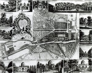 Plan ogrodu i widok na domy w Chiswick nad Tamizą autorstwa John Rocque
