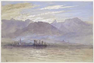 Poranek na wiosnę, z północno-wschodnim wiatrem, w Vevey, maj - czerwiec 1849 lub 1 maja 1869 (akwarela i body na graficie na jasnoszarym papierze tkanym) autorstwa John Ruskin
