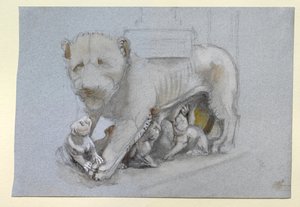Szkic lwicy i młodych z Ambona Nicola Pisano w Sienie, czerwiec 1870 (akwarela i kolor ciała na grafitowym na niebiesko-szarym papierze tkanym) autorstwa John Ruskin