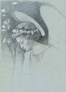Studium Głowy Anioła Gabriela w „Aniołku zapowiadającym” Filippo Lippiego, 28 czerwca 1870 (grafit, akwarela i kolor ciała na niebieskim papierze tkanym) autorstwa John Ruskin