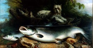 Strzeżenie połowu dnia; Skye Terrier z Łososiem Kogutem i Kurą autorstwa John Russell