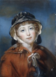 Portret dziewczyny, długość biustu, w czerwonej pelerynie przewiązanej kokardą i czarnym czepkiem, autorstwa John Russell