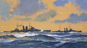 Brytyjskie krążowniki HMS Exeter i HMS York (gwasz na papierze) autorstwa John S. Smith