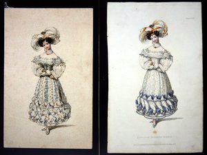 Szkic i nadruk na talerzu z modą, ok. 1829 (ołówek i akwarela na papierze oraz grawerowanie ręcznie kolorowane)