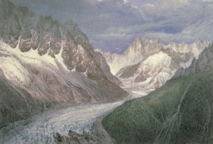 Widok na Mer de Glace z Aiguille du Moine po lewej i Grandes Jorasses w oddali po prawej, XIX w. autorstwa John Scandrett Harford