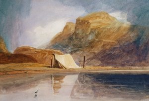 Górzyste jezioro z namiotem rozbitym na brzegu autorstwa John Sell Cotman