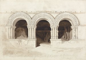 Łuki w zachodniej części klasztoru St. Georges de Boscherville, niedaleko Rouen, Normandia, ok. 1818 (grafit, brązowa farba i pióro i atrament na papierze na kartonie) (patrz 172543) autorstwa John Sell Cotman