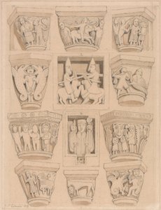 Kapitele i płaskorzeźby A i B w kościele opactwa Saint Georges de Bocherville, niedaleko Rouen w Normandii autorstwa John Sell Cotman