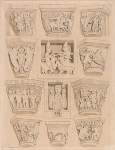 Stolice i płaskorzeźby A i B w kościele opactwa Saint Georges de Bocherville, niedaleko Rouen, Normandia autorstwa John Sell Cotman