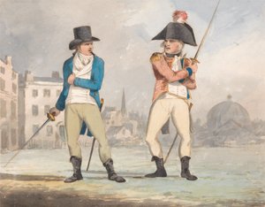 Karykatura dwóch mężczyzn z wyciągniętymi mieczami (jedna z zestawu trzech) autorstwa John Sell Cotman