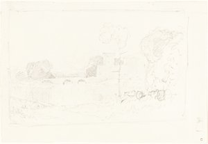 Szkic krajobrazu z mostem i zamkiem autorstwa John Sell Cotman