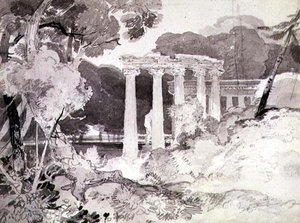 No.1539 Klasyczna kolumnada w leśnym pejzażu (ołówek i indyjskie mycie tuszem na papierze) autorstwa John Sell Cotman