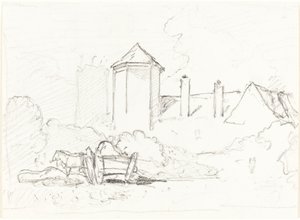 Szkic budynków z wózkiem i końmi na pierwszym planie autorstwa John Sell Cotman