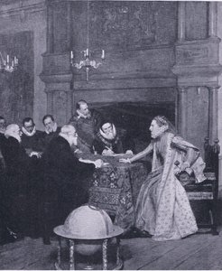 „Marynarka wojenna króla Hiszpanii jest za granicą”, z Cassells History of the British People opublikowanej przez Waverley Book Company, ok. 1950 (lito) autorstwa John Seymour Lucas
