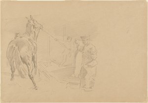 Mężczyzna ciągnący konia do straganu, 1918. autorstwa John Singer Sargent