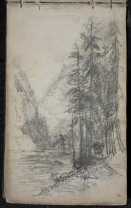 Pejzaż górski z drzewami, 1871-72 (grafit na przyciemnionym papierze tkanym w kolorze złamanej bieli) autorstwa John Singer Sargent