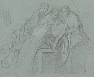 Study for the Central Group in the Death of Earl of Chatham (czarna kreda, podkreślona bielą na niebieskim papierze) autorstwa John Singleton Copley