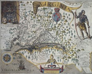Mapa Wirginii: wstawka (na górze po lewej) przedstawiająca wnętrze chaty indyjskiego wodza Powhatana, autorstwa Johna Smitha (1580-1631) autorstwa John Smith