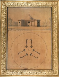 Elewacja i plan psiej budy, 1779 (pióro i atrament i toaleta na papierze)