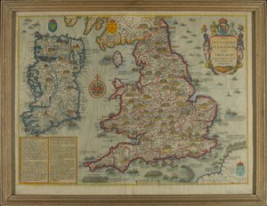 Mapa przedstawiająca inwazje na Anglię i Irlandię ze wszystkimi ich [sic] wojnami cywilnymi od czasu podboju, ok. 1627 r. (ręcznie barwione grawerunki)