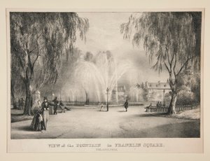 Widok fontanny na Franklin Square w Filadelfii