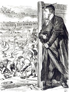 Karykatura przedstawiająca Williama Vernona Harcourta (1827-1904), który gdy minister spraw wewnętrznych zalecił wprowadzenie brzozy zamiast aresztu dla młodocianych przestępców. Ilustrowane przez Johna Tenniela (1820-1914), angielskiego ilustratora, grafi autorstwa John Tenniel
