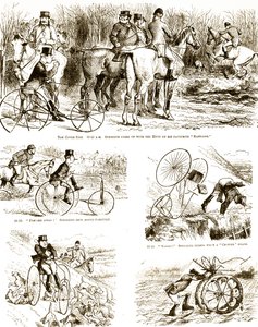 Karykatura przedstawiająca mężczyznę polującego na trójkołowym rowerze. Ilustrowane przez Johna Tenniela (1820-1914), angielskiego ilustratora, grafika humorystycznego i rysownika politycznego autorstwa John Tenniel