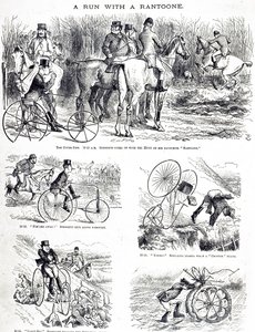 Karykatura przedstawiająca mężczyznę polującego na trójkołowym rowerze. Ilustrowane przez Johna Tenniela (1820-1914), angielskiego ilustratora, grafika humorystycznego i rysownika politycznego autorstwa John Tenniel
