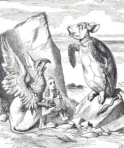 Alicja, Mock Turtle i Gryf z Alicji w Krainie Czarów autorstwa John Tenniel
