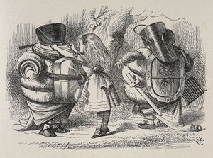 Alice przebiera Tweedledee i Tweedledum. autorstwa John Tenniel