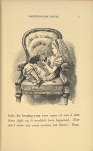 Alicja siedzi na krześle bawiąc się z kotkiem. autorstwa John Tenniel