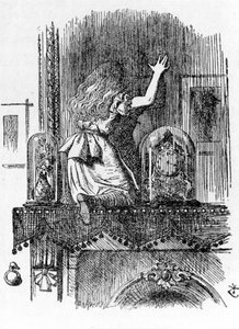 Alicja przemierzająca lustro - w „Przygodach Alicji w Krainie Czarów i przez lustro” Lewisa Carrolla, ilustracja John Tenniel (1820-1914)