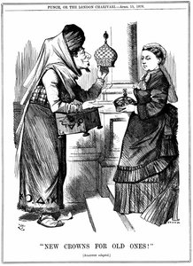 Benjamin Disraeli ofiarowuje koronę Indii królowej Wiktorii. Została ogłoszona cesarzową Indii 1 maja 1876 r. Karykatura Johna Tenniela z Punch London 15 kwietnia 1876 r. autorstwa John Tenniel