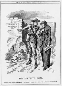Wojna burska: Baden Powell zachęca Mafekinga do przetrwania. Lord Roberts obiecał, że odciąży ich do 18 maja. Kreskówka Johna Tenniela z Puncha 9 maja 1900. autorstwa John Tenniel