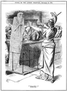Britannia powstrzymująca cholerę w portach brytyjskich, 1892 autorstwa John Tenniel
