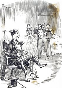 Kreskówka przedstawiająca zacisk na głowę używany do unieruchomienia fotografowanego obiektu autorstwa John Tenniel