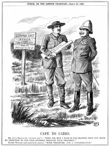 Cecil John Rhodes (1852-1902) południowoafrykański mąż stanu urodzony w Anglii, prosząc niemieckiego cesarza o pozwolenie na prowadzenie linii telegraficznej przez niemiecką Afrykę Wschodnią. Cape To Cairo, rysunek Johna Tenniela z „Punch”, Londyn, 22 marc autorstwa John Tenniel