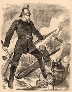 Eyre Massey Shaw walczący z ogniem, z „Punch” Londyn, 20 sierpnia 1887 (grawerowanie) autorstwa John Tenniel