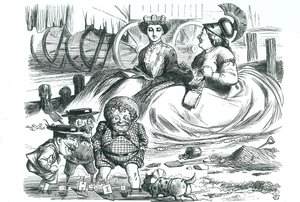 Francja i Wielka Brytania obserwują dzieci (John Bull, Mr Punch i Napoleon III). W tym roku minął 50 lat pokoju między Francją a Wielką Brytanią i początek Entente Cordiale. Kreskówka Johna Tenniela z „Punch”, Londyn autorstwa John Tenniel