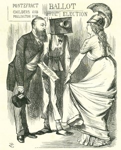 Hugh Childers (1827-1896) brytyjski parlamentarzysta, opowiadający Brytani o sukcesie nowej urny wyborczej. Karykatura Johna Tenniela z „Punch”, Londyn, 24 sierpnia 1872 r. autorstwa John Tenniel