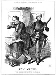 Napoleon III (1808-1873), cesarz Francji 1852-1870 i Otto von Bismarck (1808-1783), kanclerz pruski, dzielący Europę. Ich sprzeczne ambicje doprowadziły do wojny francusko-pruskiej w latach 1870-1871. Karykatura Johna Tenniela z Punch, Londyn, 28 lipca 18 autorstwa John Tenniel
