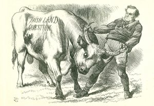 Przyjmowanie (irlandzkiej) bulli za rogi: ustawa uchwalona przez parlament 15 lutego 1870 r. i otrzymana 8 lipca br. William Gladstone, premier, zajmujący się tą kwestią. Karykatura Johna Tenniela z Punch, Londyn, 26 lutego 1870. autorstwa John Tenniel